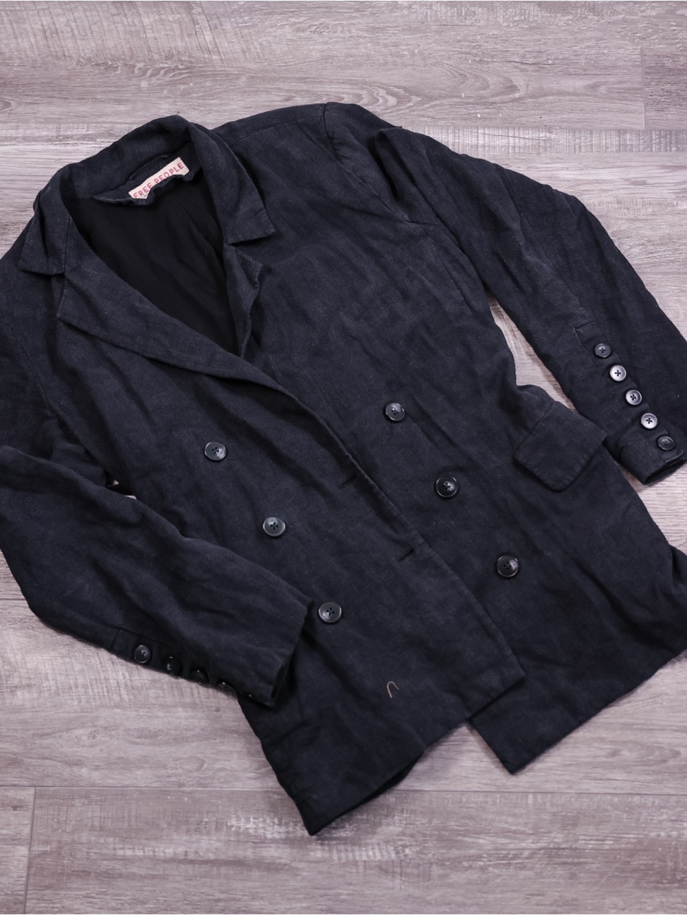 Free People Olivia Blazer Black Linen Blend Double Breasted Relaxed Fit S